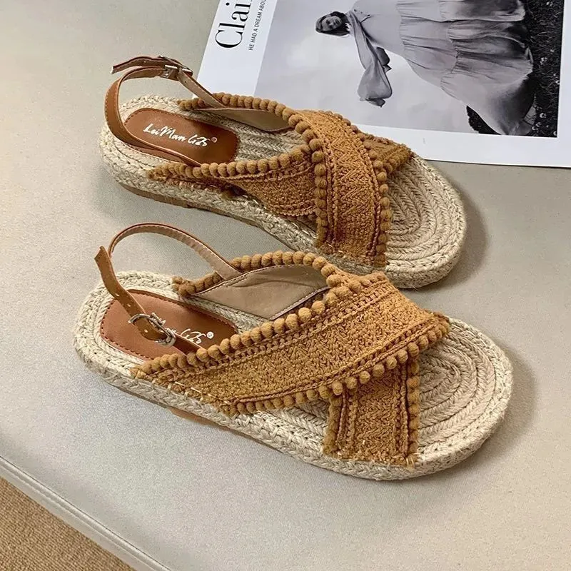 Yaz Kadın Dikiş Kevap Halat Açık Toe Toe Sıradan Sandalet Yapışkan Kayış Tasarım Tatil Plaj Düzleri Moda Espadriller 240327