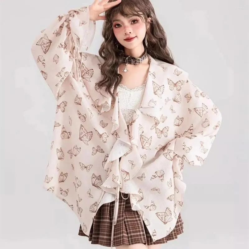 Blouses voor dames mooie ruches v-neck shirts y2k e-girls schattige vlinder kawaii los chiffon vestiging lente zomer lange mouw harajuku