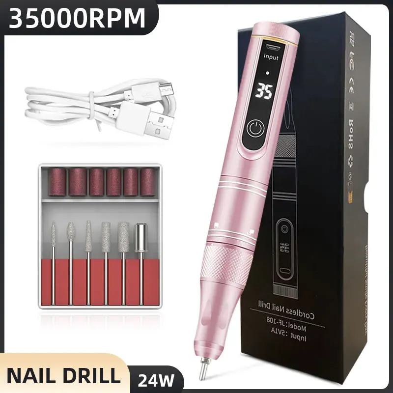 Taladros de 35000 rpm Máquina de taladro de uñas para el cortador de fresado de manicura Máquina de manicura de lijador de uñas eléctrico inalámbrico para pulido en gel