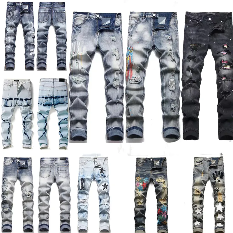 Designer jeans mens jeans high street lila jeans för män broderi byxor kvinnor överdimensionerade rippade lapp hål denim rak mode smal