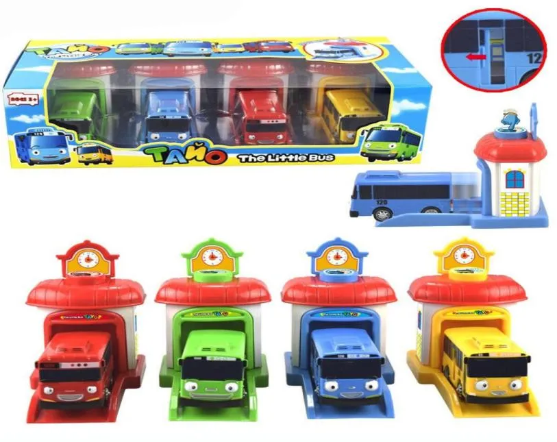 4pcs Set Scale Model Tayo Le petit bus enfants miniature bus bébé oyuncak garage tayo bus éjection impact véhicule de voiture 2207014044386