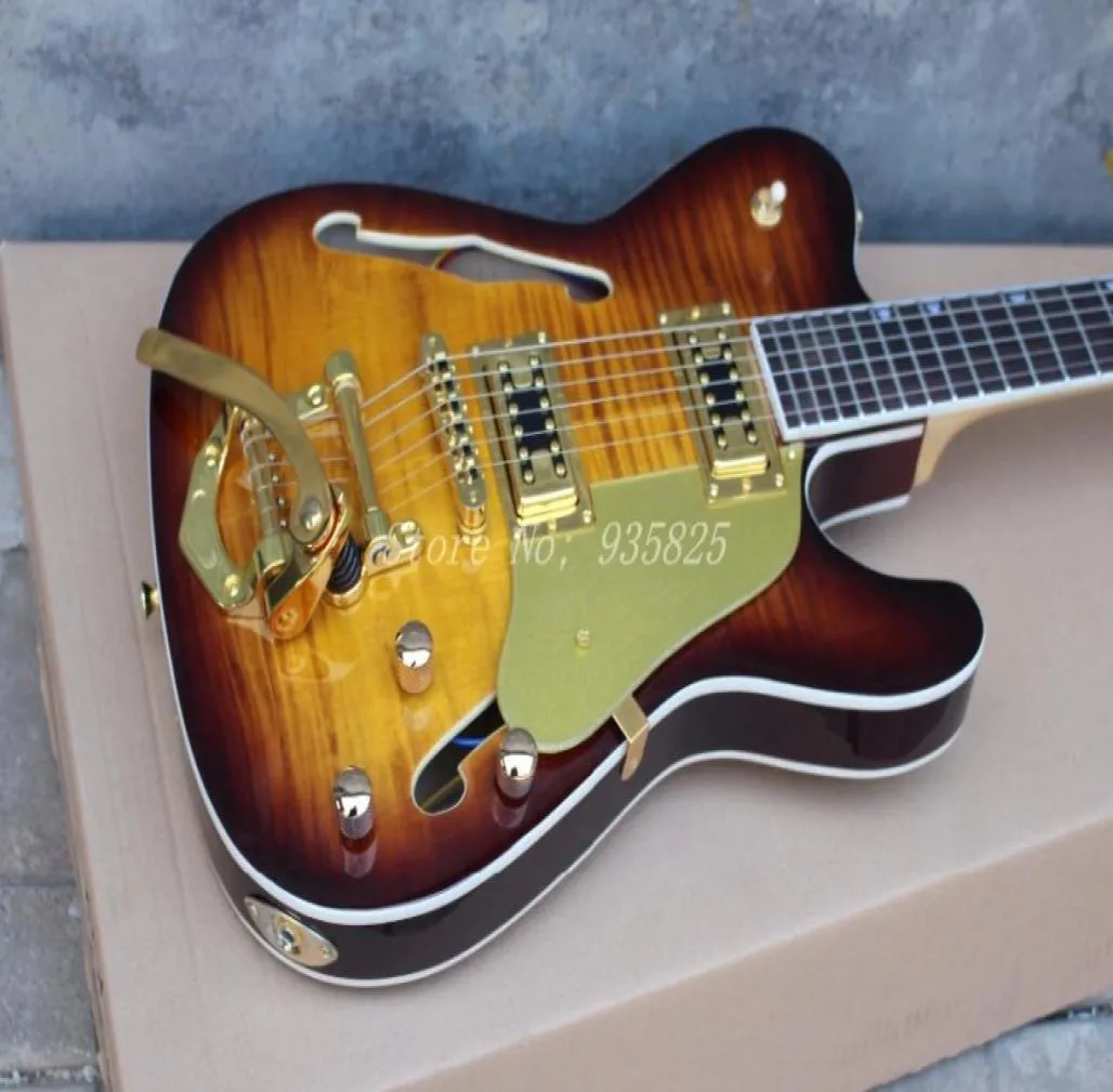 Promosyon Hybird Jazz Paul Waller Flame Maple Brown TL Elektro Gitar Yarı İçi Beden F Delik Büyükler Tremolo Bridge8919722