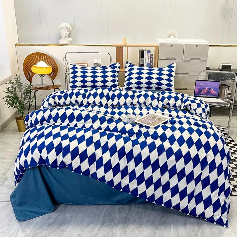 寝具セット青と白のダイヤモンドチェック高品質のシングルダブルキングサイズキルトカバーホームホールド枕カバーのエビッチ掛け布団セット