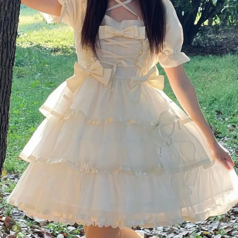 Festklänningar sommar lolita op klänning kvinnor kawaii japanska söta mesh bow ruffles söt prinsessa mini kvinnlig elegant älva vestidos