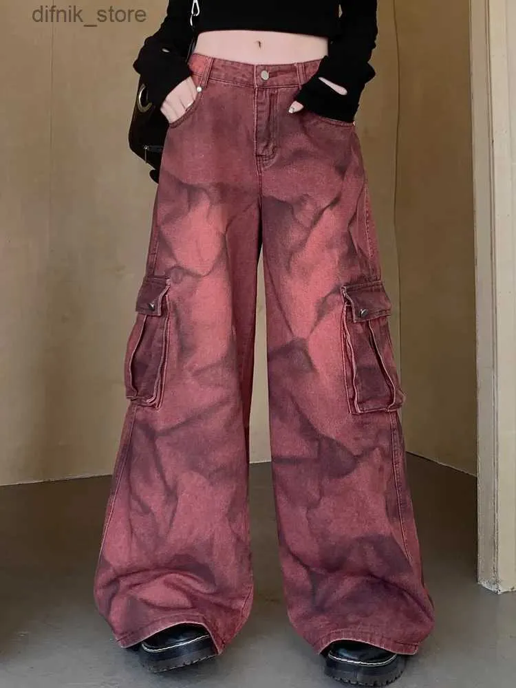 女子ジーンズ2023 Trashy Y2K Strtwear Tie Dye Vintage Red Baggy Cargo Jeans Pants for Women Clothing Multi Pocket