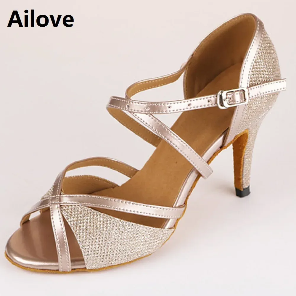 shoes Women Ballroom Dance Shoes Gold Glitter Latin Salsa Tango Swing Rumba Waltz Peeptoe Dancing Sandals Multiple Heel Height ALS004