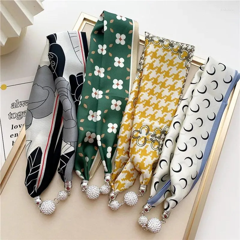 Scarves Fashion Print Scarf Necklace Women Ring Neckerchief Magnetic Buckle Ribbon Neck Clavicle Choker Headband Decoration