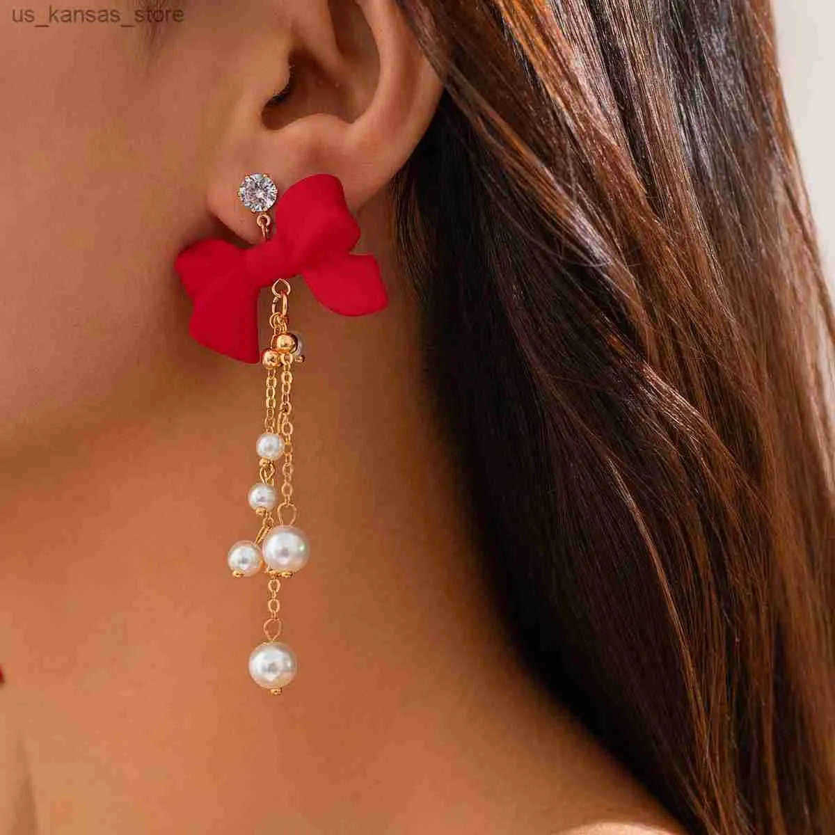 Charm Salircon Korean Red Bowknot Earrings Fashion Imitation Pearl Tassel Pendant Drop Earrings Womens Party Festival Jewelry Gifts240408