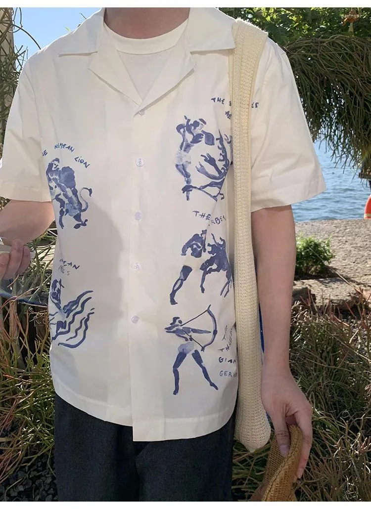 Camicie casual maschile francese retrò dodici zodiac stampato camicia a maniche corte hawaiane per uomo coreano streetwear