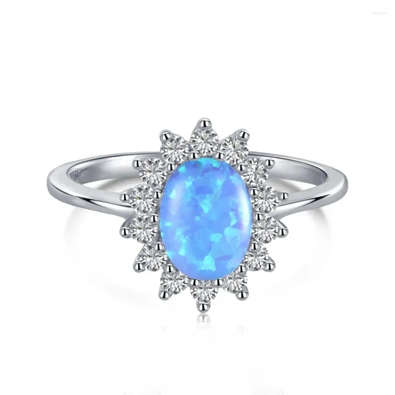 Cluster anneaux 925 Opale bleu blanc en argent sterling pour les femmes 6 mm en carbone gemmstone sol fleur de fleur de luxe