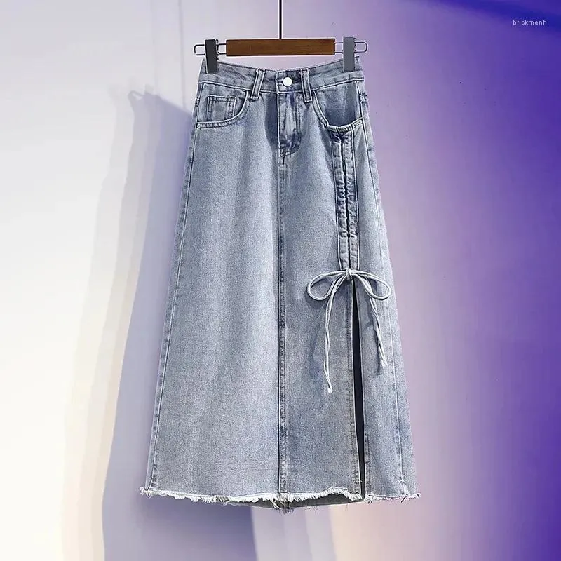 Etekler 5xl büyük boyutlu kadınlar denim yaz moda yayı yan yarık mi kot pantolon vintage Kore yüksek beline bir çizgi eşleşiyor