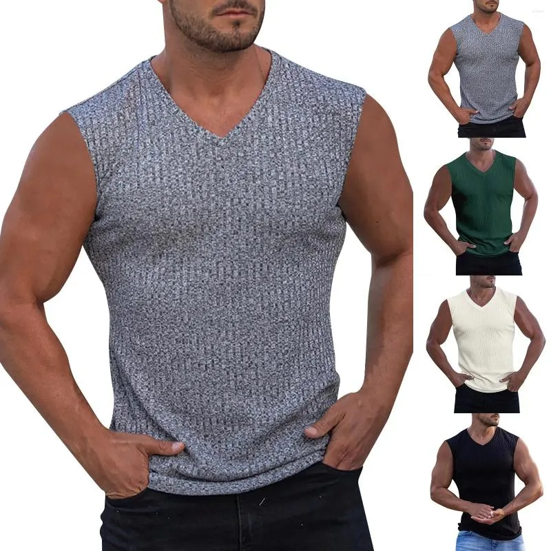 T-shirts masculins pour hommes en tricot en tricot de fitness côtené slim ajusté sans manches froides homme grand et grand gilet de t-shirt