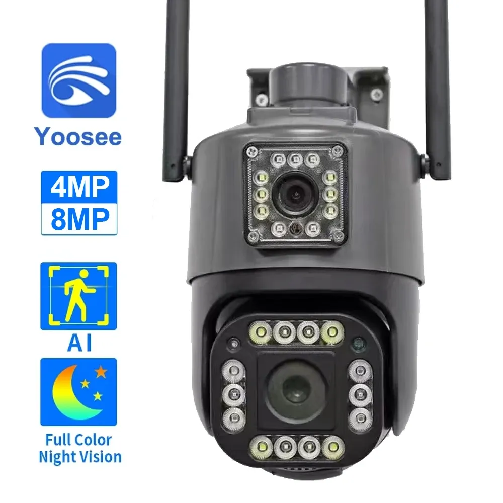 カメラyoosee 4k 8mp wifi ptzカメラデュアルレンズデュアルスクリーンCCTV 4MP屋外H.265ビデオセキュリティカメラオートトラックカラーナイトビジョン