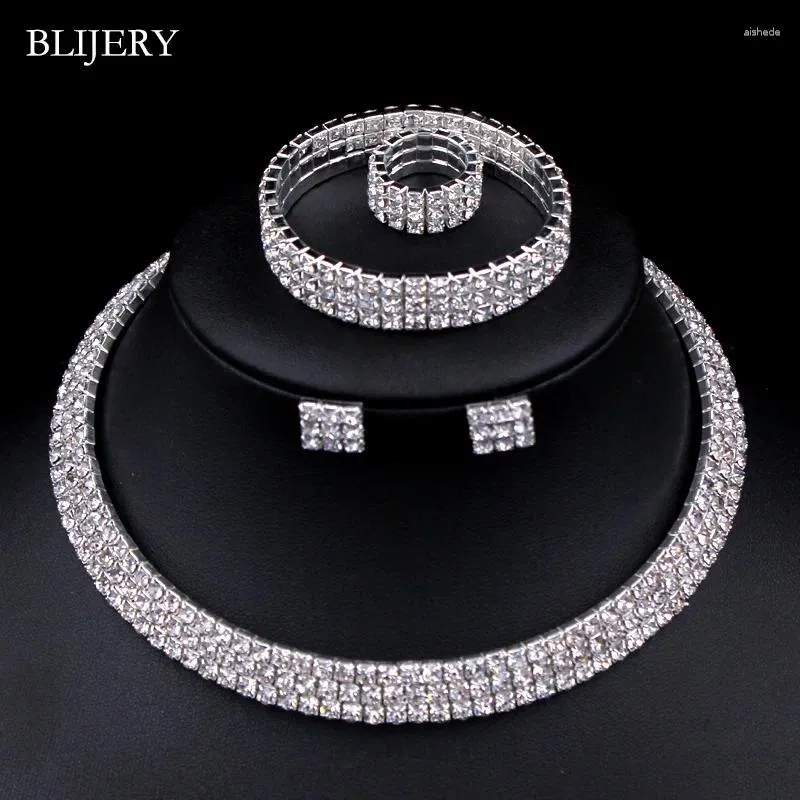 Necklace Earrings Set BLIJERY Silver Color Rhinestones Crystal Bridal Wedding Choker Bracelet Ring African Jewelry
