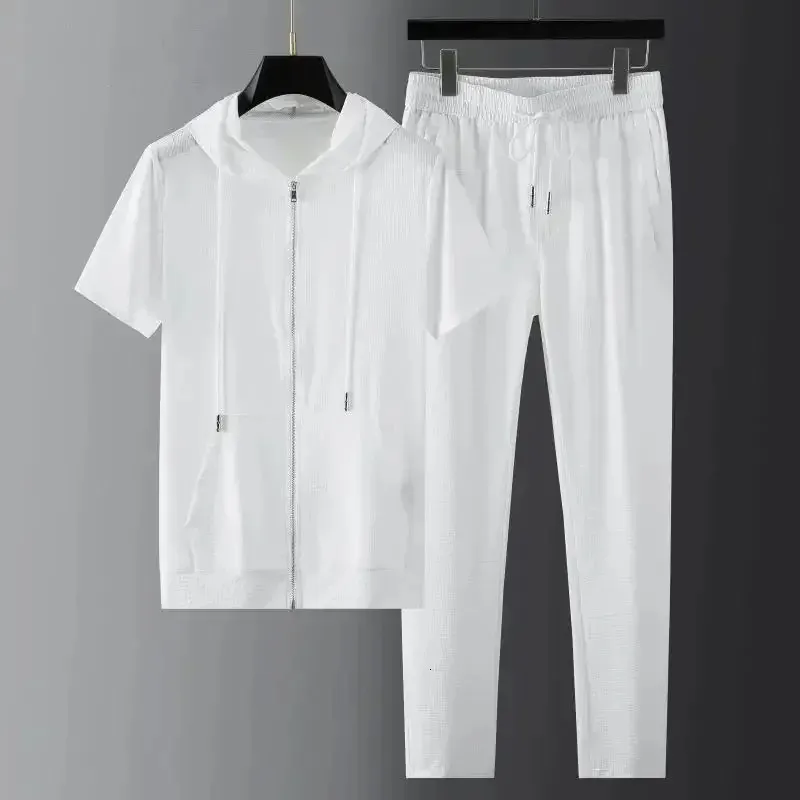 Summer Men Korean Casual Hooded Sets Fashion Streetwear Joggers TracksuitElastic Waist Trousers Male Clothes 2Pcs 240325