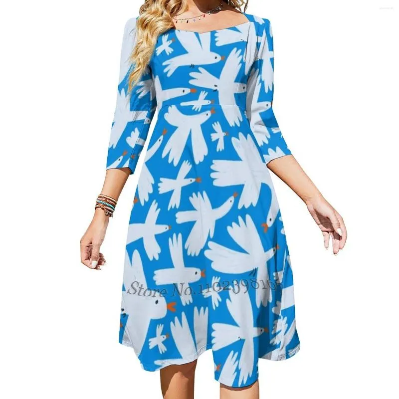 Casual Dresses Cute Spring Birds Square Neck Dress Sweet Summer Women Elegant Halter Print Blue Color Animal Hand