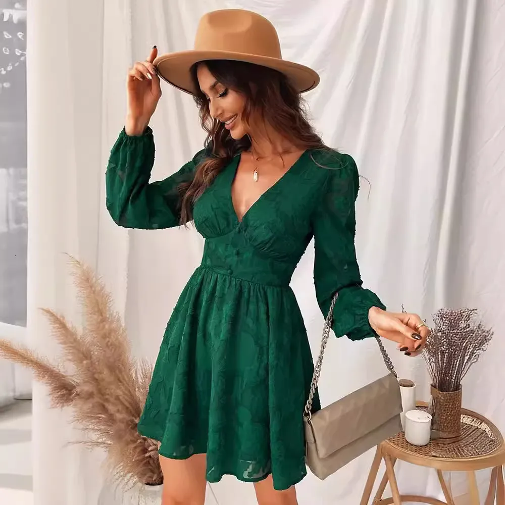 Green Low Cut A Line Mini Green Long Sleeve Dress For Women