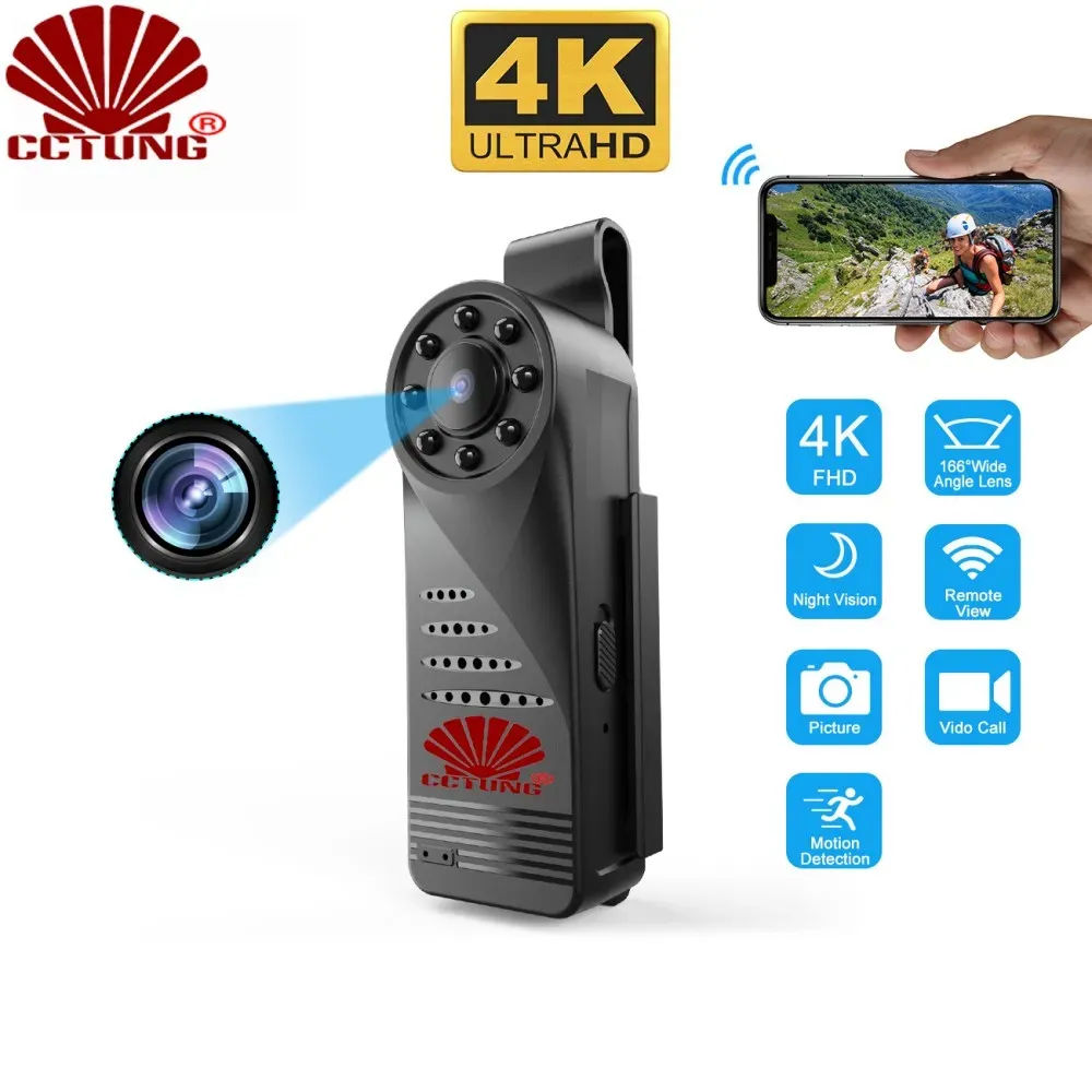 Telecamere 4K Clip per carrozzeria WiFi cam per una fotocamera IP di sicurezza esterna interna con app -builtin builtin free m monitoraggio della visione notturna IR notturna IR