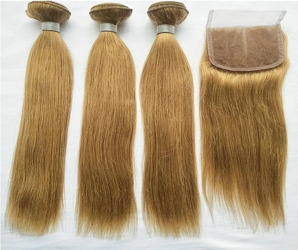 Brésilien Blonde Human Hair 3 Packles avec fermeture en dentelle colorée 27 Brésilien Remy Remy Human Hair Extensions With Closu9801953