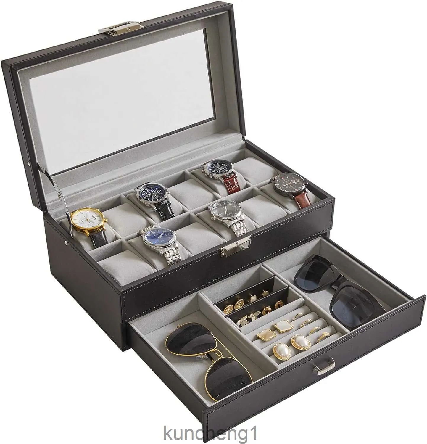 Ibuyke Watch Box 12 Gniazda skórzana obudowa dla mężczyzn - Wyświetlacz biżuterii ze szklaną topsooth aksamitną podszewkę UJWB001B
