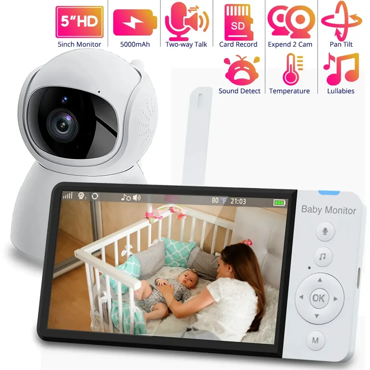 Bildskärmar ABM700 Electronic Baby Monitor 5 tum Video Digital HD 720p Säkerhet Barn Kamera natt Vision Cry Babies Född babyföremål