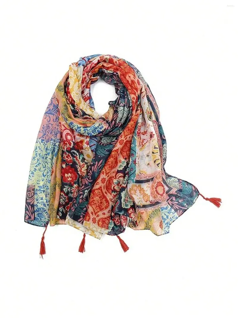 Halsdukar 1 bit av kvinnors sjal med bohemisk stil halsduk lätt ren bomulls höst och vinter fashionabla blommiga tryck Tassel s