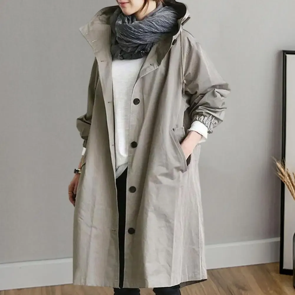 2024 Women Wind Breaker Dubbele borsten Trench Coat Vintage Hooded Lady Outfits met lange mouwen Elegante jas uit het midden van de lengte Outerwear