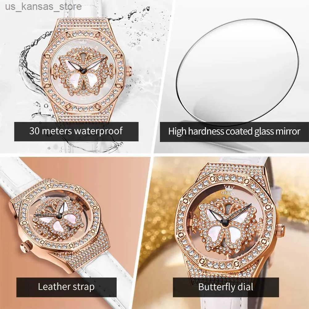 Zegarki WristWatches damskie Olevs Womens Es 360 obracaj diamentowy motyl luksusowy stal nierdzewna wodoodporna skórzana skórzana pasek dla kobiet240409