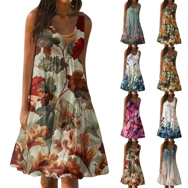 Casual Dresses Women's Summer Fashion Sleeveless Printed Loose Splicing Beach Dress Simple Elegant Vestidos Largos