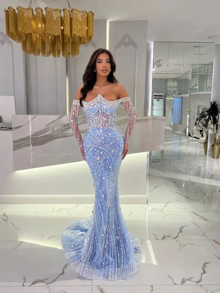 Baby Blue Crystal Mermaid Evening Dress Off-Shoulder Beaded Prom Dress with  Rhinestones and 3/4 Long Sleeves from Dhgate Evening Dresses - price 610.33