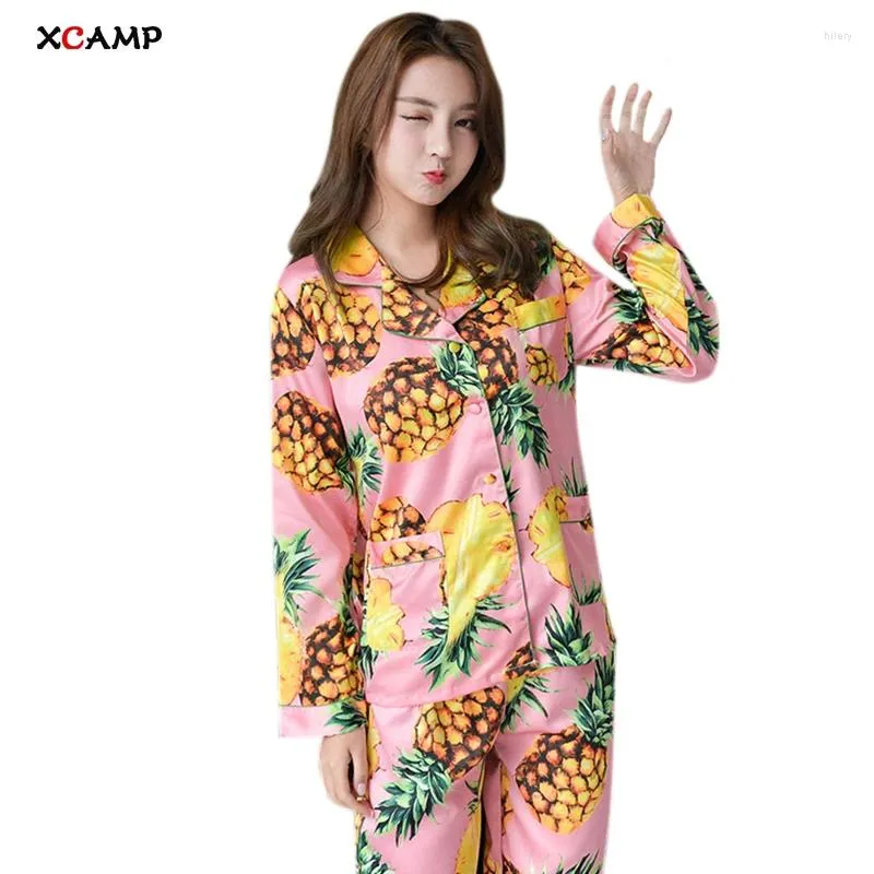 Pijamas de abacaxi de roupas para casa para mulheres conjuntos de roupas de dormir de outono duas peças 2024 Top-deco