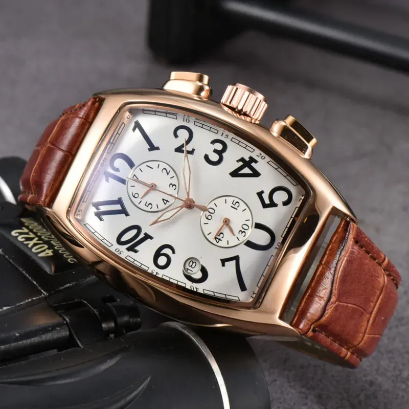 2024 Tops Luxus braunes Lederquarz Watch Watch Männer Edelstahl Automatische Sportmänner Selbstwind Uhren Tourbillon Männliche Armbanduhr x215