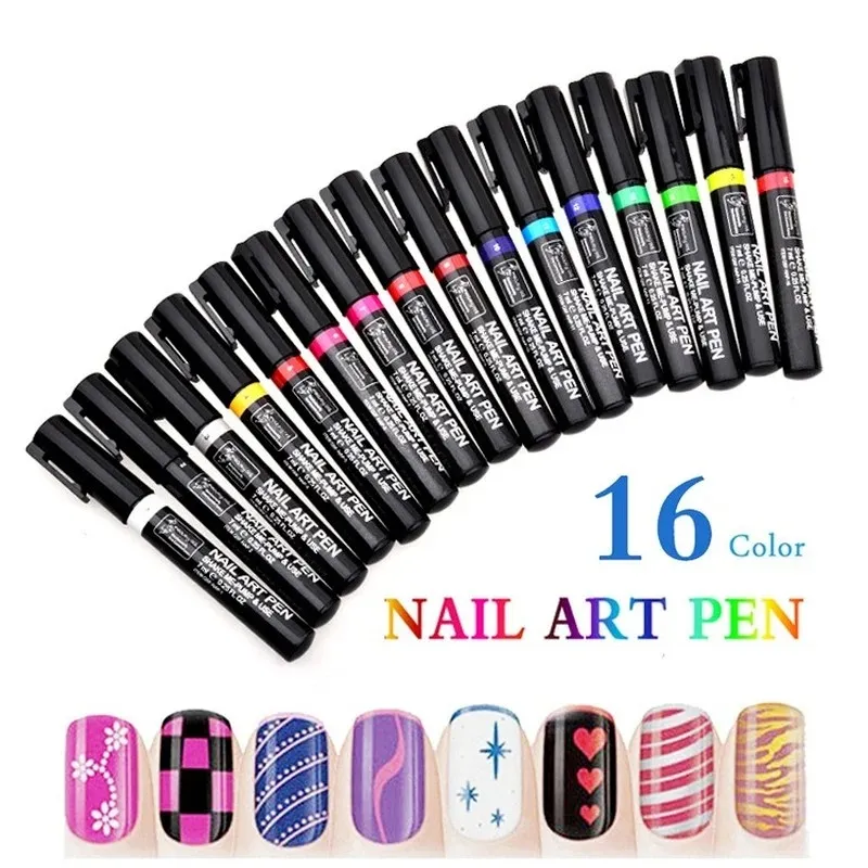 16 TOPLAR NAIL ART GRAFFITI PEN SET Su geçirmez resim astar fırçası Diy çiçek sanatı soyut araç aksesuarları manikür- su geçirmez sanat fırçası için