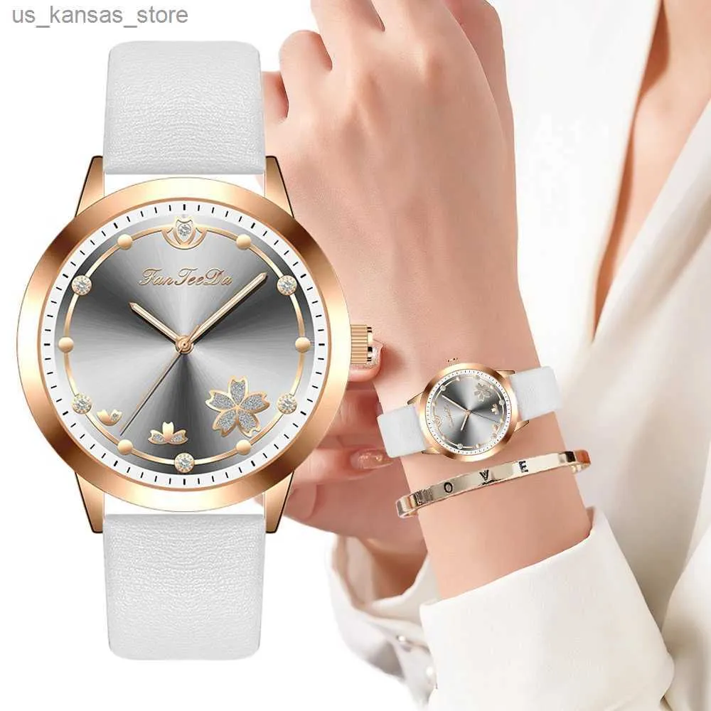 Montre-bracelets de style fleur de style simple Fleurés Es Luxury Fashion Fashion pour femmes Elegant Dames Quartz Cuir Clock Drop Shipping240409