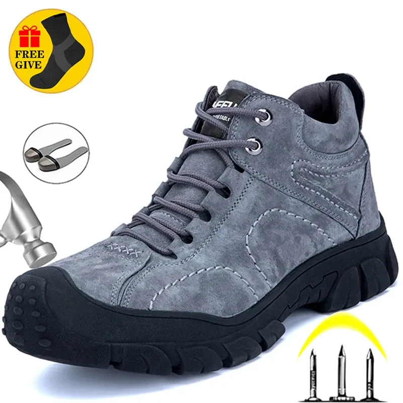Stövlar äkta läder arbete stövlar säkerhet stål tå skor män oförstörbara sneakers män skor vandring stövlar varma män stövlar säkerhetskor
