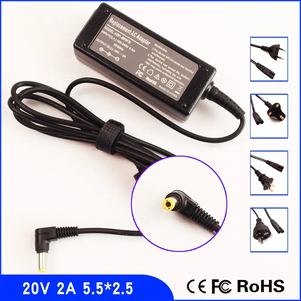 Adapter 20V 2A Laptop AC Adapter Strömförsörjning + Cord för Lenovo LNA0403A3C ADP40NH B ADP40MH AD 0225A2040