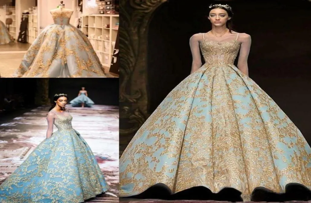 Michael Cinco 2019 Abito da ballo Abiti da ballo Vintage Gold Sweep Train Abito da sera Plus Illusi