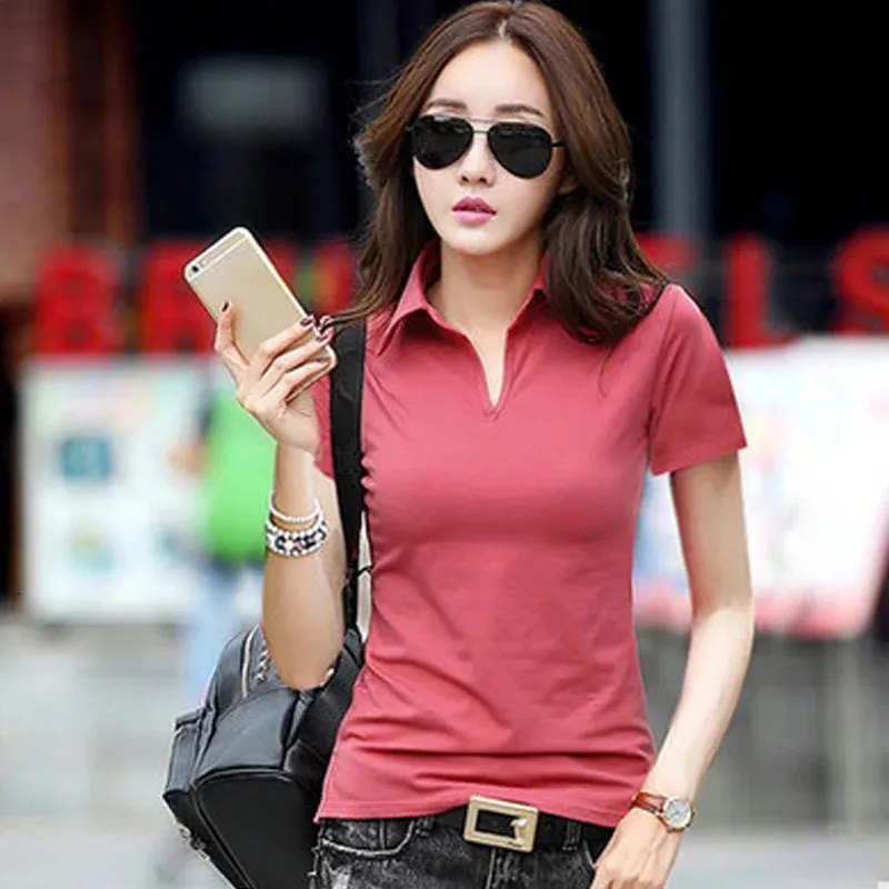 95% Cotton T shirt Summer Polo Shirt Women Short Sleeve Solid Slim Polos Mujer Shirts Tops Fashion Plus Size Femme 240409