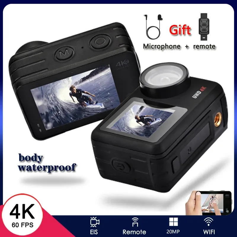 카메라 2022 새로운 4K 60FPS 액션 카메라 수중 20MP 바디 방수 EIS WIFI Antishake 스포츠 헬멧 터치 LCD 캠 비디오 웹캠