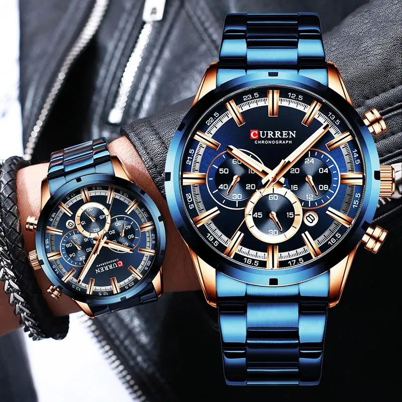 Curren Mens Bekijk Blue Dial Stainless Steel Band Date Mens Business Male horloges Waterdichte luxe mannen pols horloges voor mannen 240408