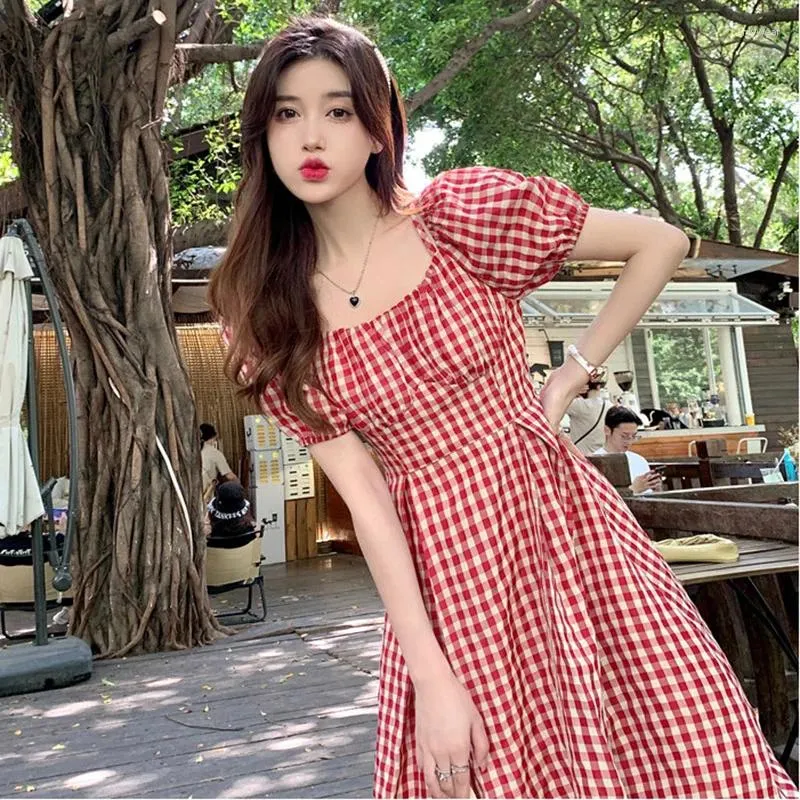 Casual Dresses Women Plaid Dress 2024 Summer Fashion Fan A-Line Short Sleeve Sexy Off Shoulder Party Vestidos Lady Clothing