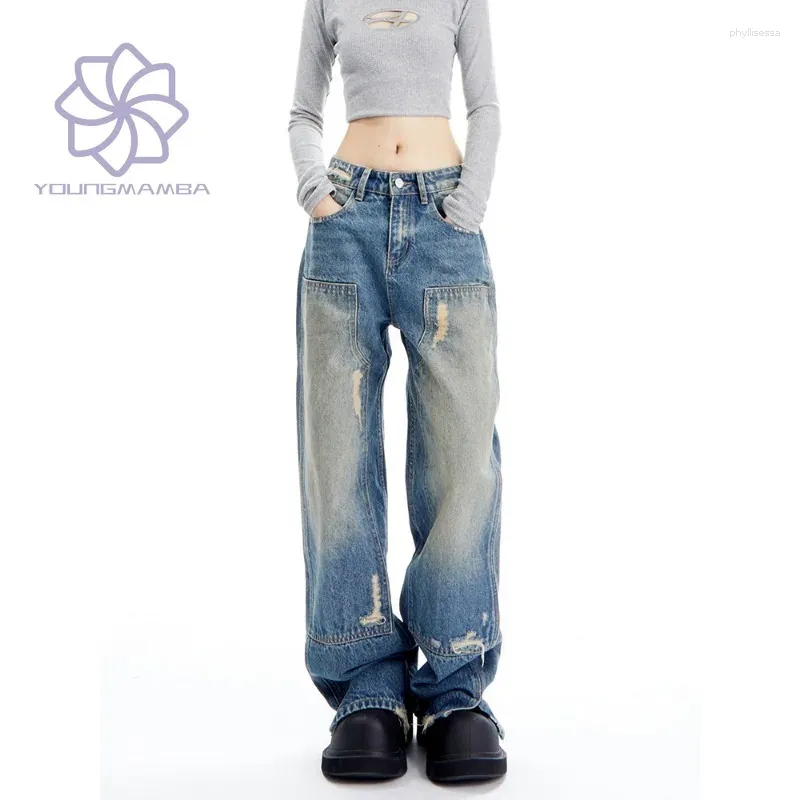 Women's Jeans Autumn Winter American Vintage Washed Wome Straight Tube Loose Wide Leg Light Blue Trouser Denim Pants