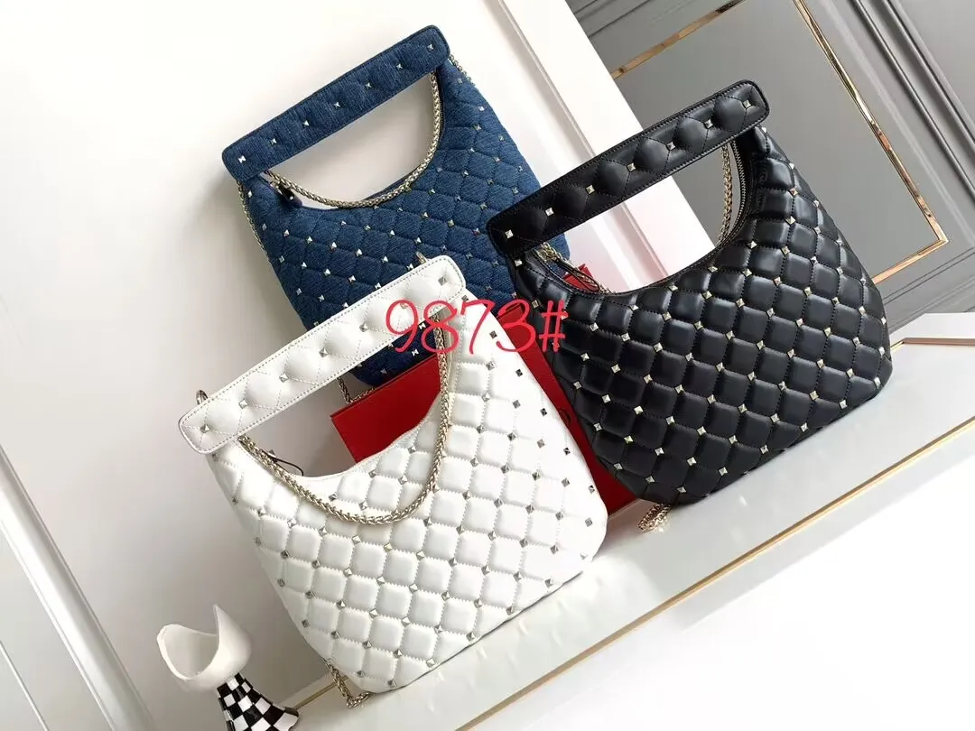 designväska nya kvinnor väska valenteno handväska äkta läder avtagbart handtagskedja diamant geometriska broderi mönster nit metall plånbok axelpåsar 9873