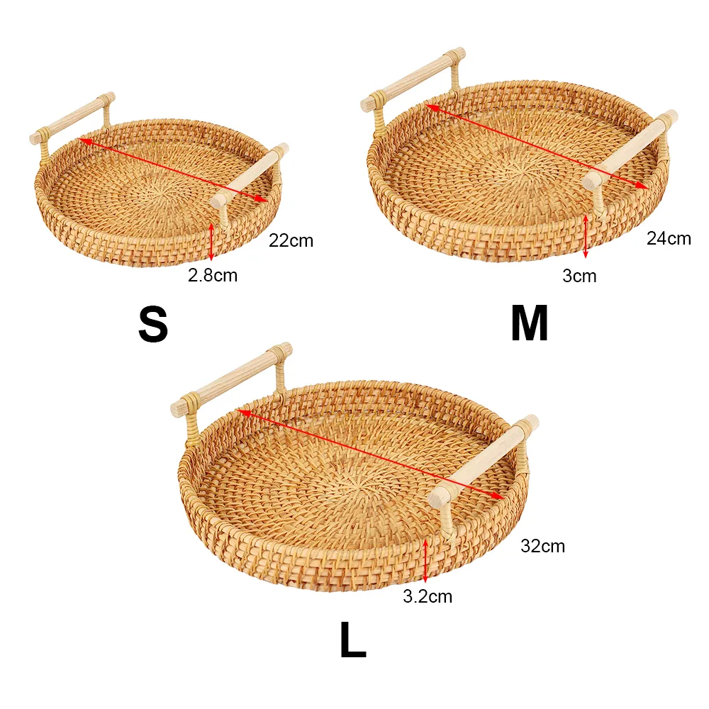 Handweven rattan opbergvak Diner Serveer Tray Fruit Cake Wicker Mand ontbijt brood voedselplaat met handvat