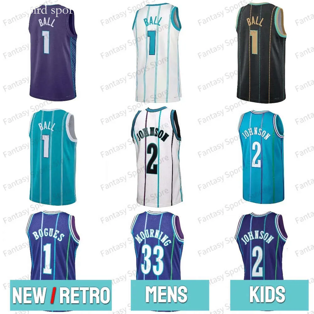 Nouveau Larry Johnson Jerseys MSY Bogues Alonzo Mourning Lamelo Ball Throwback Blanc Purple Teal Teal Ed Basketball rétro Jerseyss Mens Kids