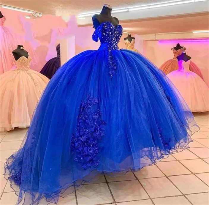 2022 Royal Blue Princess Quinceanera kleedt Off Schouder Appliques Sequins Bloemen Party Sweet 16 Jurk Vestidos de 15 AntileOS2613528