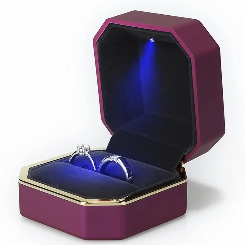 Nova caixa de jóias de jóias de gabinete de veludo de veludo de veludo da caixa de anel duplo com luz LED para caixas de anel de noivado de proposta de proposta