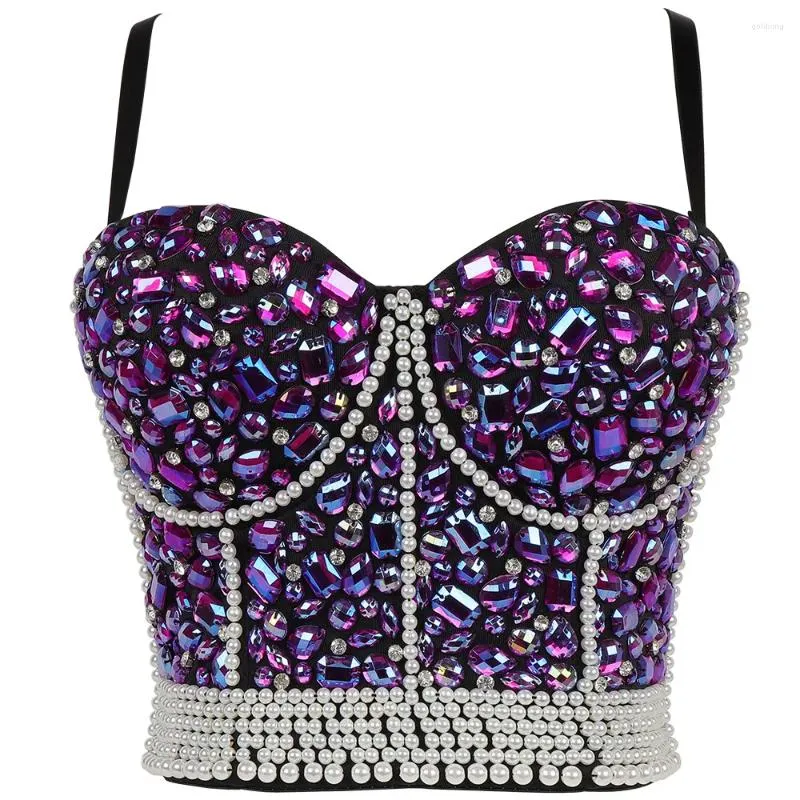 Stage Wear Women's Rhinestone Bead com Festas Expostas do Clube Glitter Glitter Tight Fitting Corset Top Bra Colet