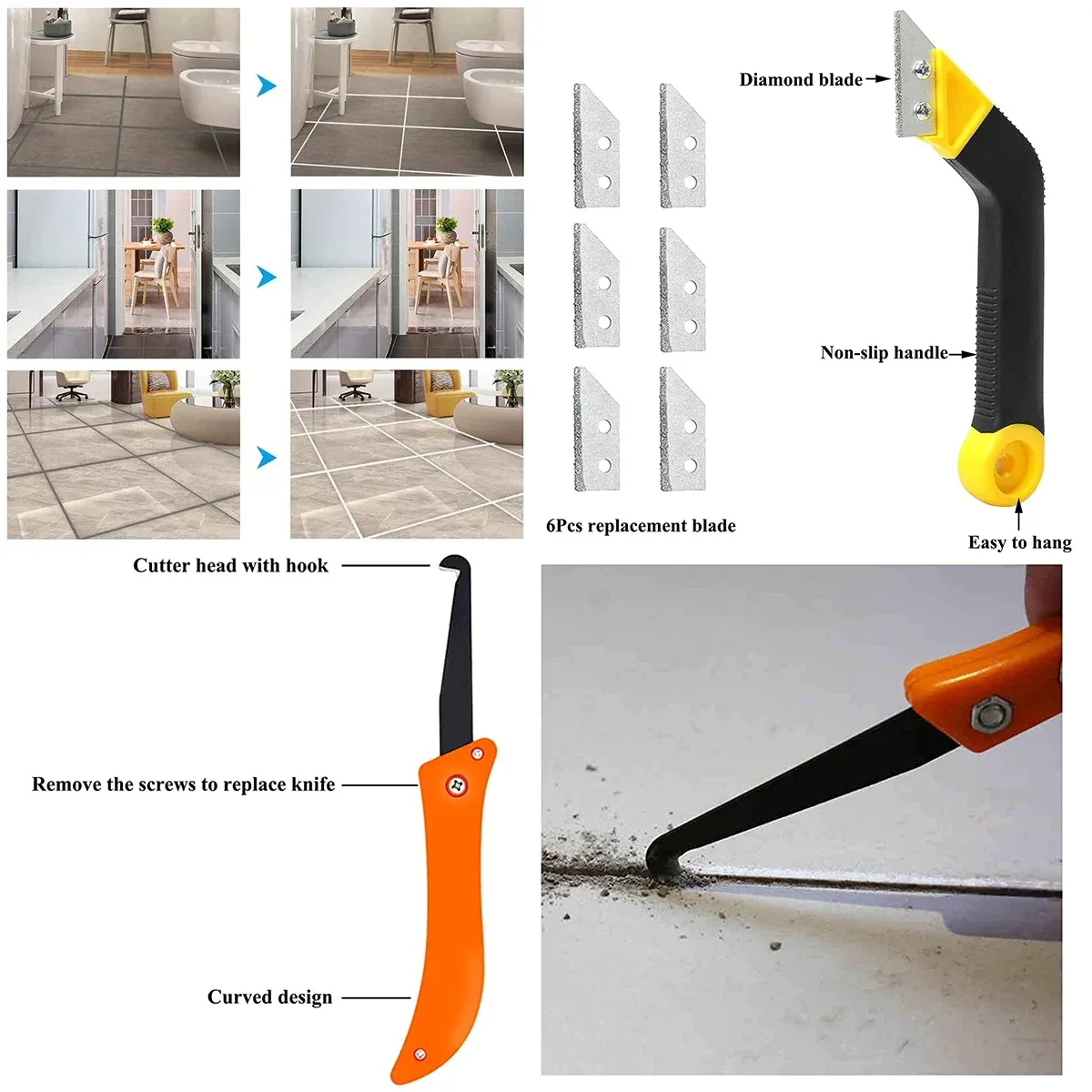 Grouting Sökme Kaldırım Araçları Band Saw Hook Cutter 6 Yedek Bıçaklar ve Oturma Odası Balkon Karo Temizliği