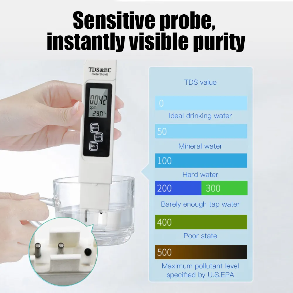 Tester di qualità dell'acqua digitale TD TDS EC Intervallo di misurazione 0-9990 Misurazione di temperatura per purezza dell'acqua multifunzionale Temp PPM Analizzatori